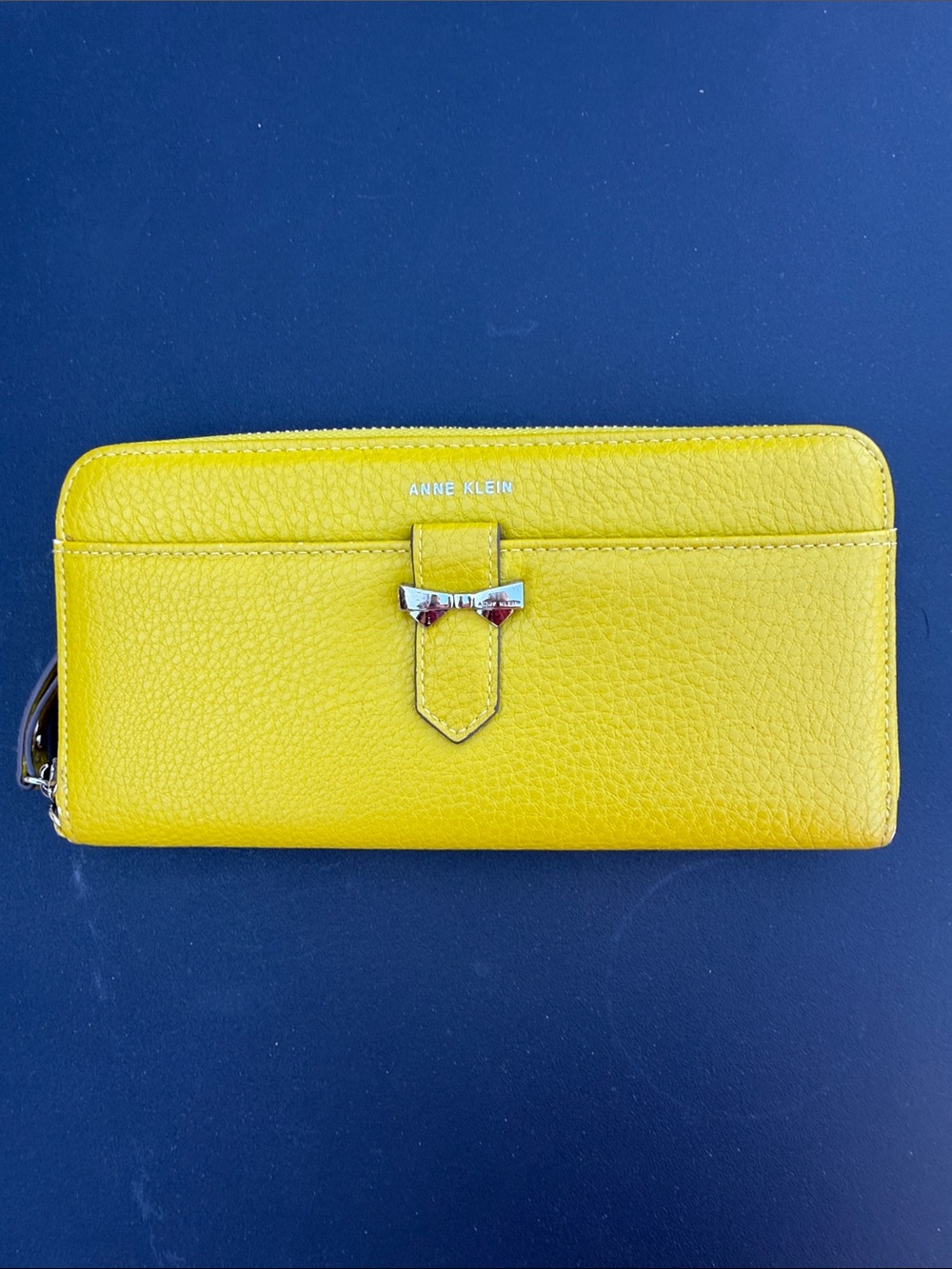 Anne Klein Yellow Pebbled Leather Zip-Around Wallet with Bow Accent